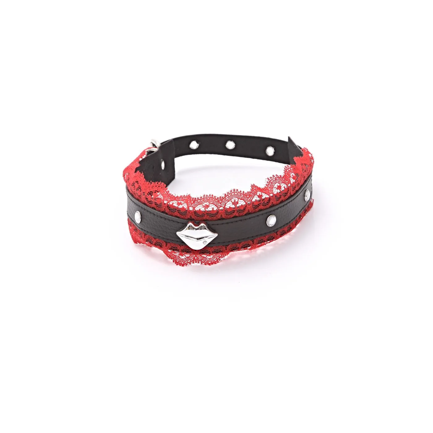 Collar Choker Con Puntilla Roja Y Boquita Plateada - Imagen 6